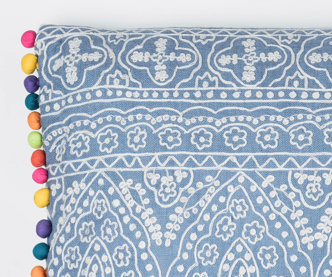 Isfahan - blue embroidered cushion with pom poms - Image 2