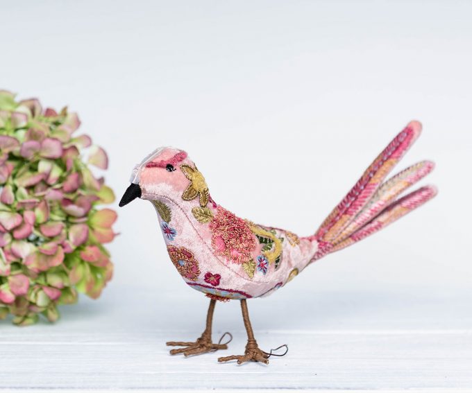 Light pink silk velvet bird with fine hand embroidered flowers. Velvet bird ornament gift.