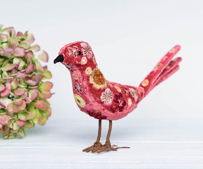 Pink silk velvet bird with hand embroidered flowers. Velvet bird ornament.