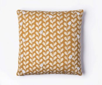 Gold mustard yellow linen cushion with birds pattern 50cm x 50cm