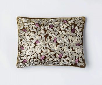 Enny Brown velvet cushion with embroidered leaf pattern