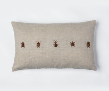 Beetles cushion - natural linen cushion detail with hand embroidered beetles 50cm x 30cm zari embroidery with metal thread
