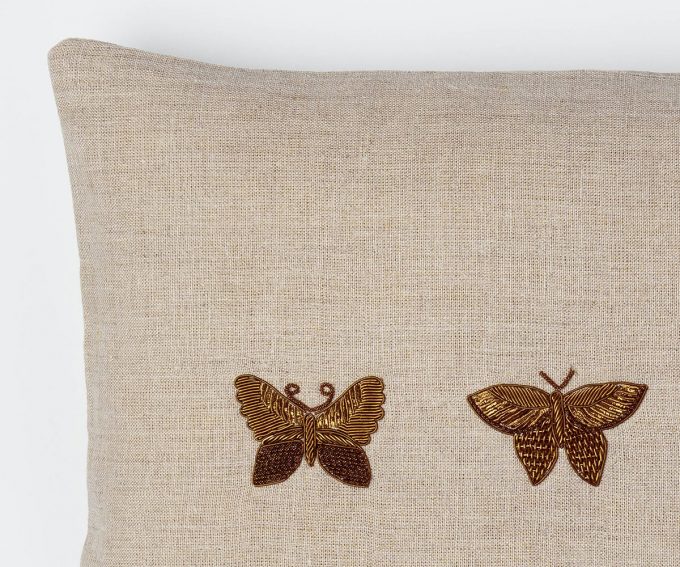 Natural linen cushion with hand embroidered butterflies 50cm x 30cm