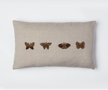 Natural linen cushion detail with hand embroidered butterflies 50cm x 30cm zari embroidery