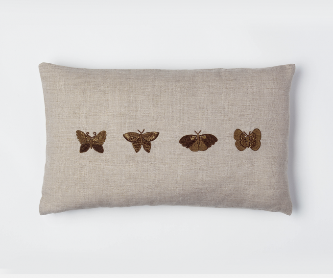 Natural linen cushion detail with hand embroidered butterflies 50cm x 30cm zari embroidery