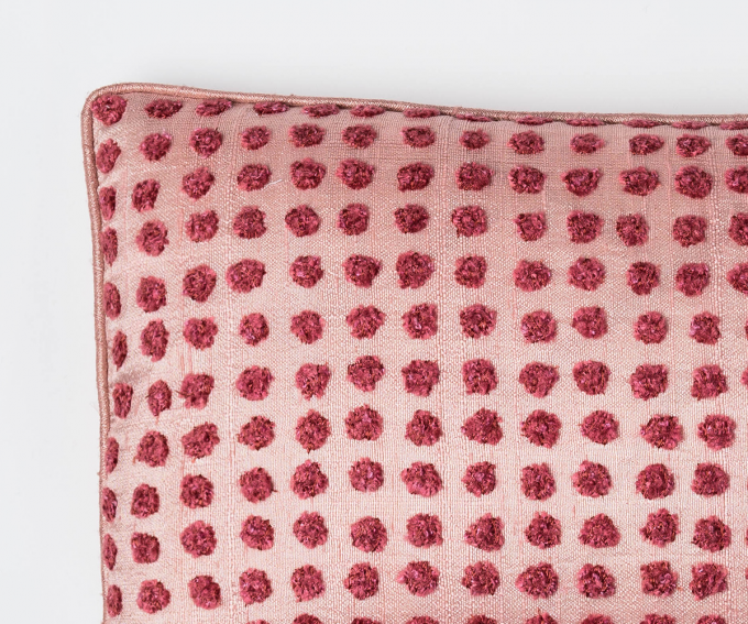 Pink silk velvet polka dot cushion 25cm x 50cm