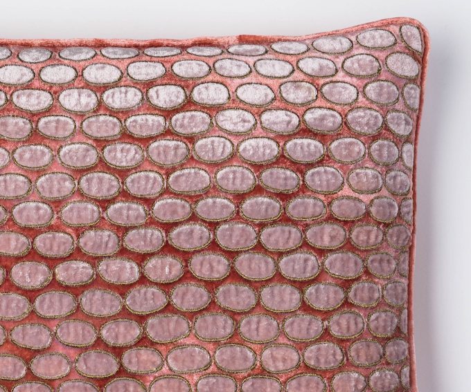 Hello cushion detail – Shaded rose cushion soft pink silk velvet 30mm x 40mm
