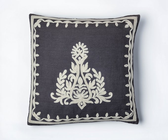 Lydia cushion – Charcoal grey cushion with cream embroidery 30mm x 40mm