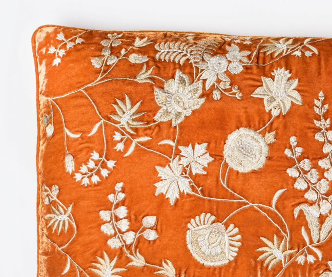 Madame Bovary - tangerine orange silk velvet cushion with cream embroidered flowers 40mm x 60mm