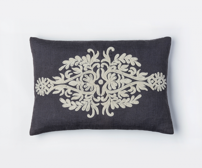 Susana cushion – Charcoal grey cushion with cream embroidery. Dark grey linen cushion 50mm x 30mm