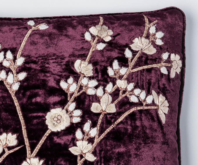 Purple velvet cushion with embroidered blossoms pattern 30cm x 40cm