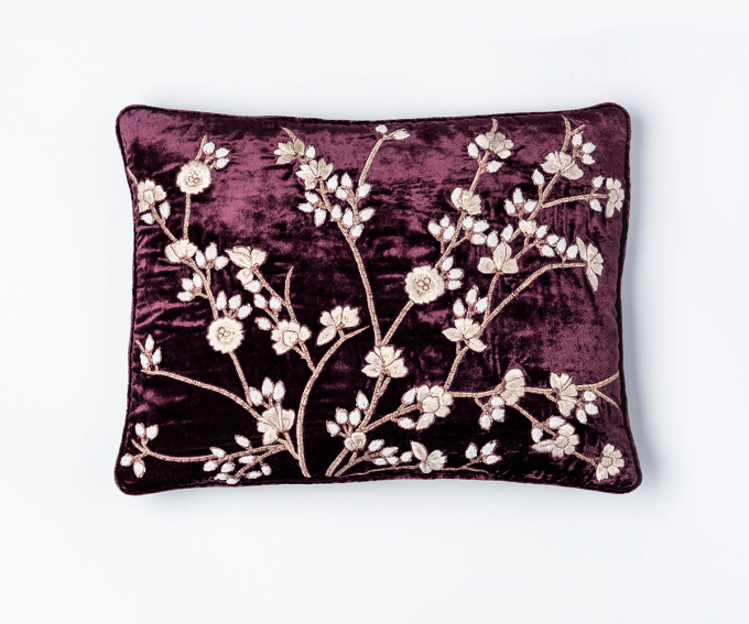 Tuileries - Purple silk velvet cushion with embroidered blossom pattern 30cm x 40cm