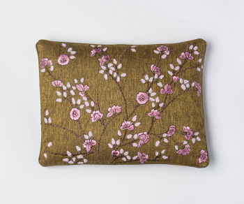 Brown silk cushion with embroidered pink blossoms 30cm x 40cm