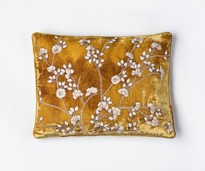 Tuileries - mustard gold cushion with embroidered blossoms pattern 30cm x 40cm