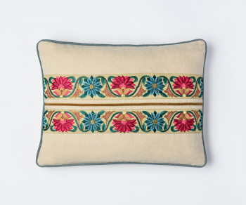 Chamani - cream linen cushion with embroidered flowers and blue and gold detail 30mm x 40mm