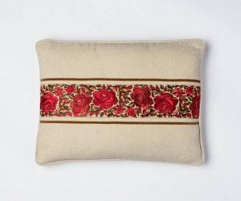 Suri - cream linen cushion with embroidered red roses and velvet ribbon detail 30mm x 40mm