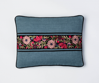 Laylah - blue linen cushion with Parsee embroidered border