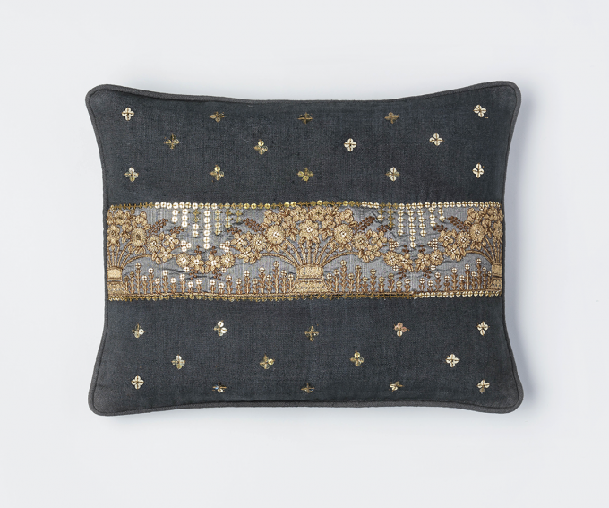 Ariana cushion – Charcoal grey cushion with gold hand embroidery 30mm x 40mm