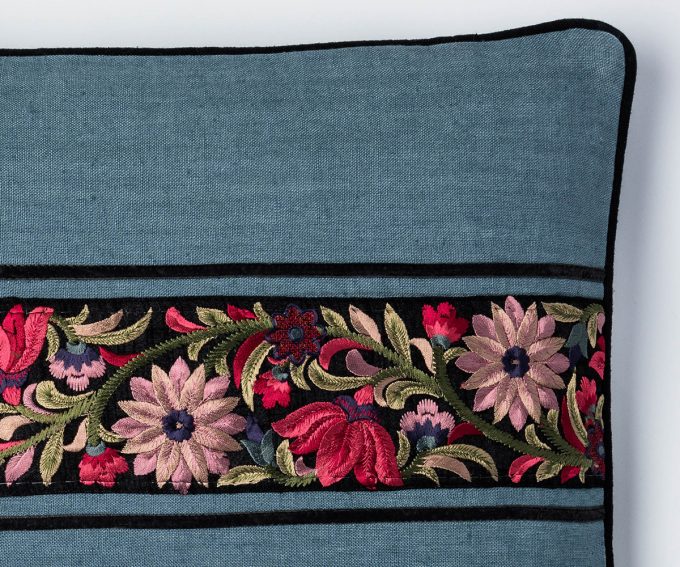 Laylah - blue linen cushion with Parsee embroidered border - Image 2