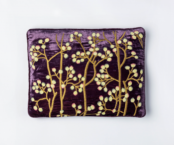 Purple velvet cushion with hand embroidered yellow and gold berries 30cm x 40cm