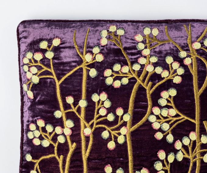 Detail of purple grape velvet cushion with embroidered berries pattern 30cm x 40cm. Purple silk velvet cushion hand embroidered statement cushion.