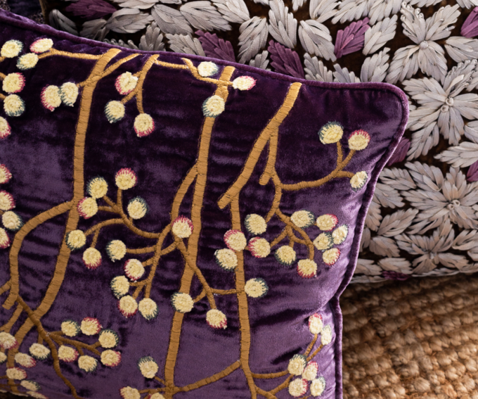 Purple silk velvet cushion with embroidered berries pattern 30cm x 4cm