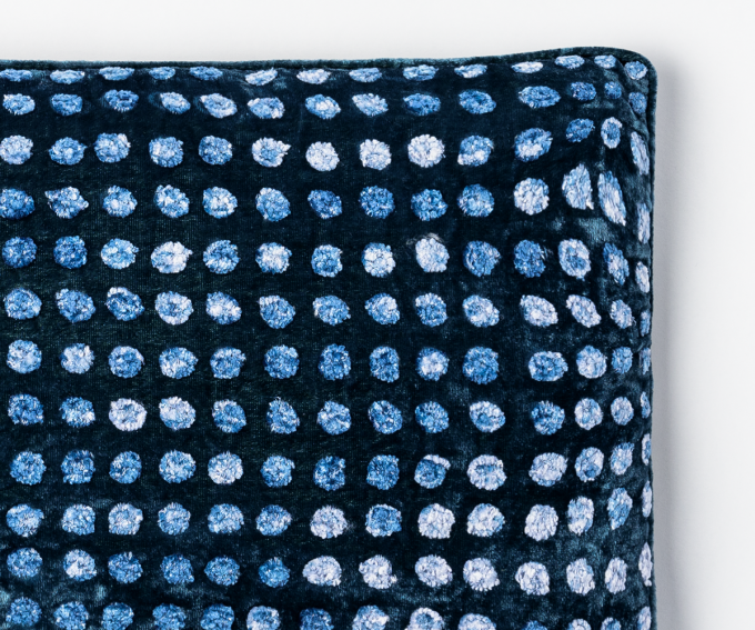 Dotty cushion detail - indigo blue velvet cushion 25cm x 50cm