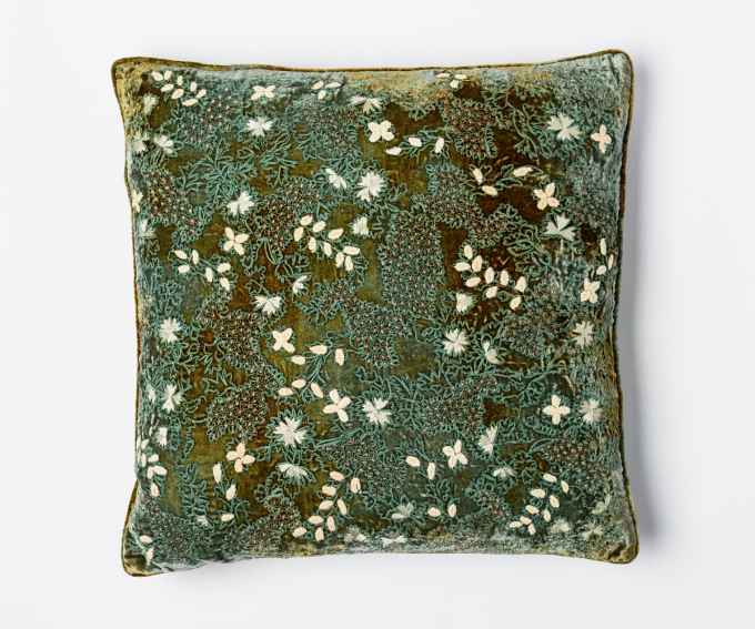 Fina green silk velvet cushion with ornate hand embroidered flowers and leaf pattern