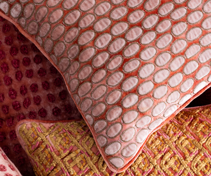 Hello cushion detail – soft pink silk velvet 30cm x 40cm