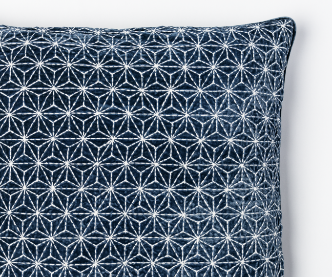 Kyoto cushion detail - Navy blue embroidered silk velvet cushion with geometric pattern 50cm x 50cm