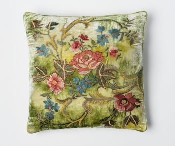 Lola silk velvet cushion in shaded mint featuring hand embroidered flowers