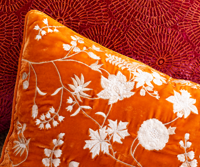 Madame Bovary cushion embroidery detail - bright orange silk velvet cushion 40cm x 60cm