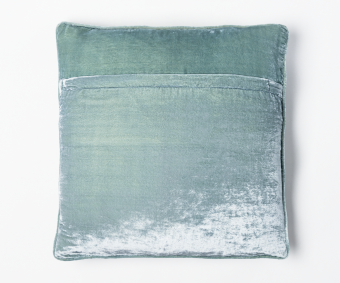 Reverse side of light blue silk velvet cushion with hidden zip