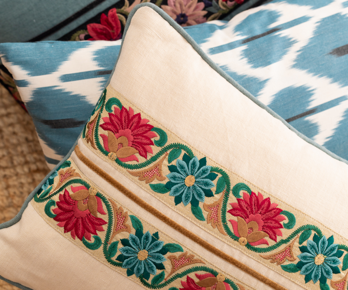 Chamani- cream linen cushion with embroidered flowers and blue and gold detail 30cm x 40cm