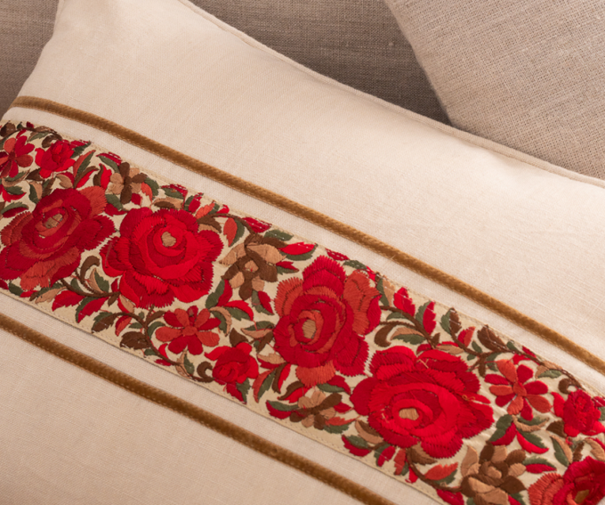 Suri - cream linen cushion with embroidered red roses and velvet detail 30cm x 40cm