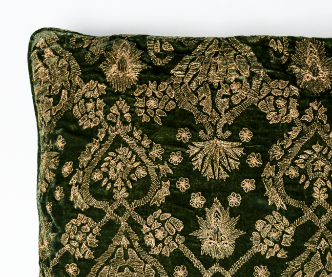 Tara - Detail of vintage style luxury cushion. Green silk velvet with gold embroidery. 60cm x 60cm