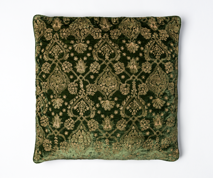 Green vintage style silk velvet cushion with gold embroidery