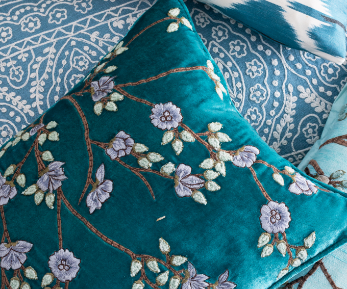 Tuileries - turquoise silk velvet cushion 30cm x 40cm