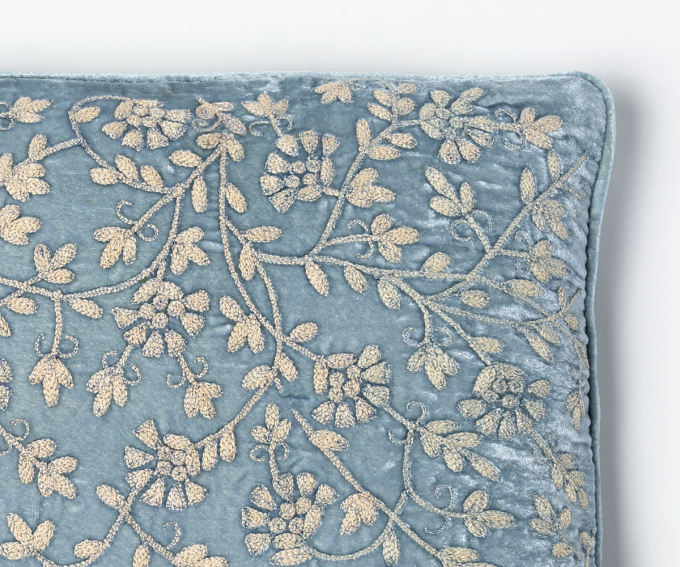 Light blue silk velvet cushion with hand embroidery 30cm x 50cm