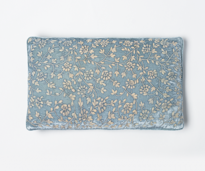 Cannes - Light blue silk velvet cushion with hand embroidery 30cm x 50cm