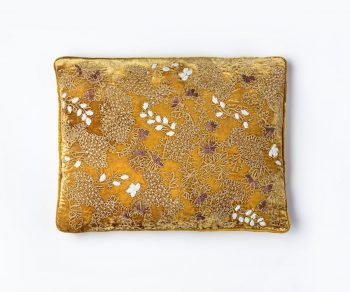Fina cushion mustard gold silk velvet cushion hand embroidered with light flowers 30 x 40cm