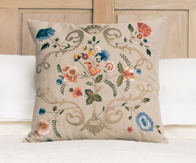 Florentina neutral embroidered linen cushion 50cm x 50cm