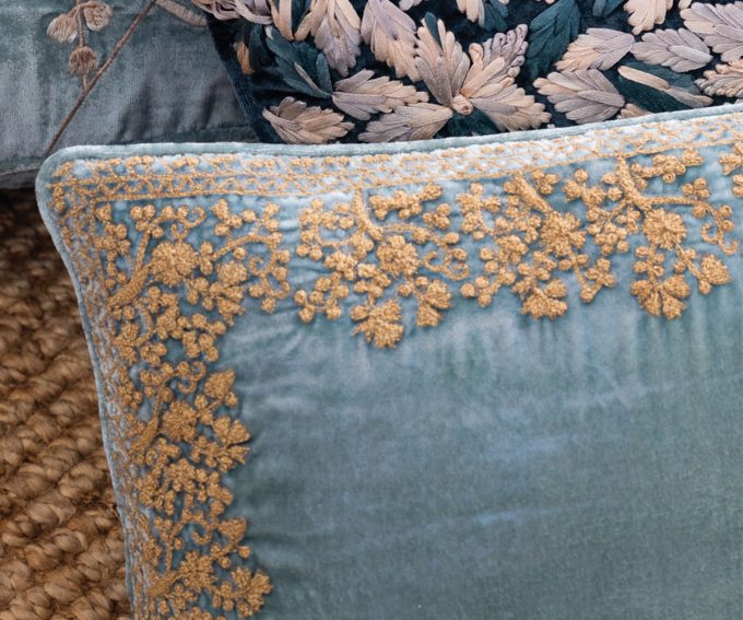 Jamila cushion - Light blue silk velvet cushion with gold hand embroidery 30cm x 50cm