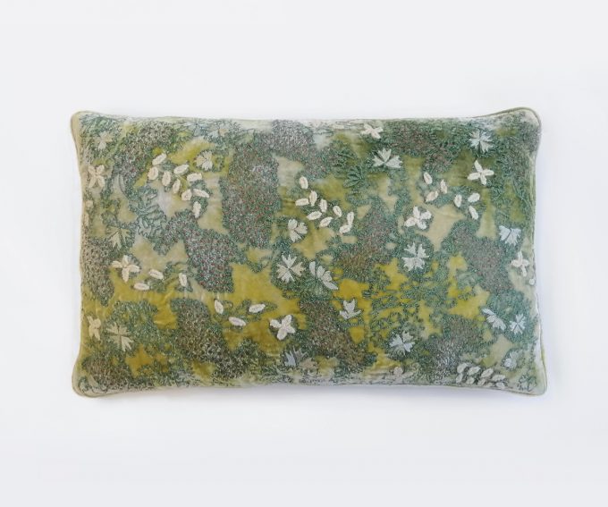 Fina - embroidered velvet cushion in shaded mint